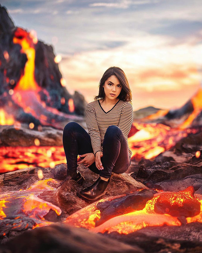 Lady sitting on lava photoshop glow effect