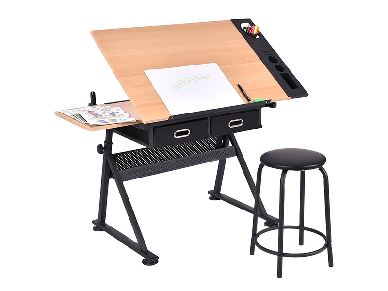 Tangkula Drafting Desk Drawing Table Adjustable with Stool and Drawer